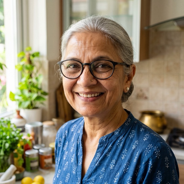 Nani, a smiling grandmother with silver hair and glasses, in an indigo kurta in her sunny kitchen